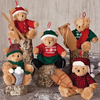 Vintage Inspired Holiday Ornaments - Set of 5 - 4" Plush seated ornaments dressed as a Skier, Snowshoe Bear, Bear with Snowballs, Sledding Bear and Skater Bear in red and green outfits. 