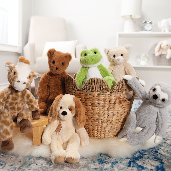 15" Buddy Frog - Group image of seated plush green slim frog in a basket with Buddy Sloth, Buddy Kitten, Buddy Puppy, Buddy Giraffe, and Buddy Bear image number 9