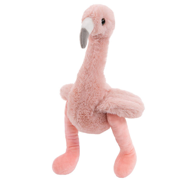 15" Buddy Flamingo - Three quarter view of standing Slim pink Flamingo with white and gray beak and brown eyes 