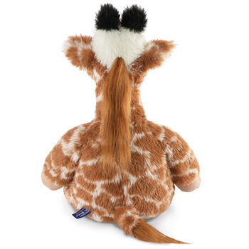 18" Oh So Soft Giraffe - Back view of seated brown and tan patterned Giraffe with ginger brown mane and tail, beige hooves, cream muzzle and black tipped horns 