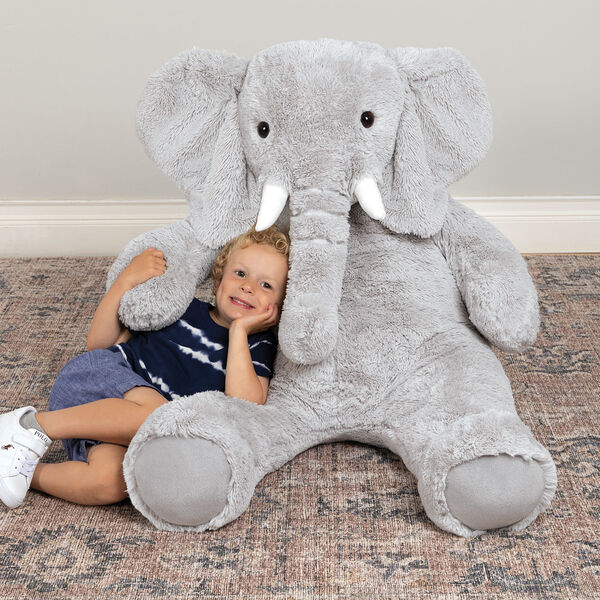 4' Cuddle Elephant - Front view of seated grey plush elephant with child image number 2