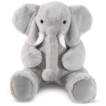 4' Cuddle Elephant - Front view of seated grey plush elephant with white fabric tusks, floppy ears and long trunk