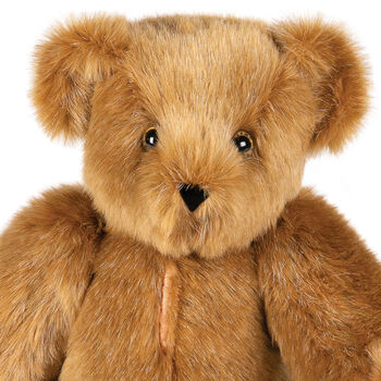 15" Love Your Heart Bear - Close up of seated jointed bear with embroidered scar down center of chest