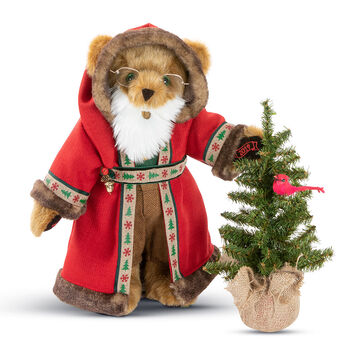 15" Limited Edition Woodland Santa Bear - Standing  jointed bear with green eyes dressed in red velvet hooded coat with trim, brown pants, green shirt, white beard and glasses. Holding a Christmas tree with cardinal in branches  - Honey brown fur