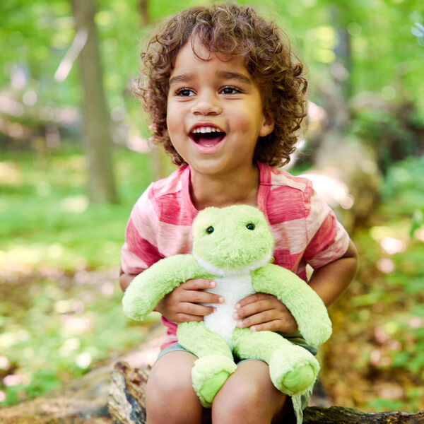 15" Buddy Frog - Plush green slim frog sitting in a forest with a child