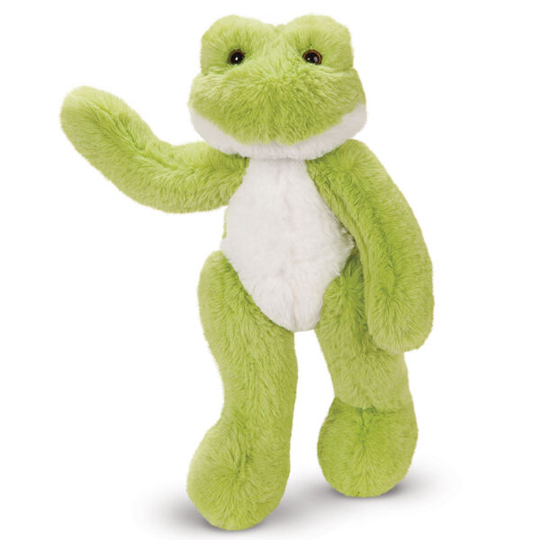 15" Buddy Frog - Front view of standing waving plush green slim frog with white belly
