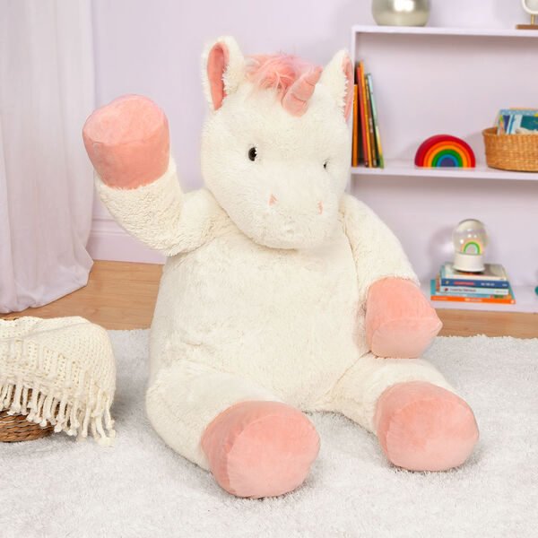 4' Unicorn - Three quarter view of ivory 48" unicorn with pink hooves, main, horn and tail image number 2