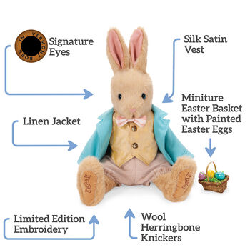 16" Limited Edition Easter Bunny - Front view of jointed seated Rabbit in Easter outfit, text says, "Signature Eyes; Silk Satin Vest; Miniature Easter Basket with Painted Easter Eggs; Wool Herringbone Knickers; Limited Edition Embroidery; Linen Jacket".