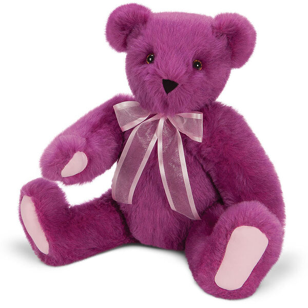20" Special Edition La Vie En Rose Bear - Front view of jointed seated rose wine bear with pink organza bow around neck