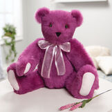 20" Special Edition La Vie En Rose Bear - Front view of jointed seated rose wine bear with pink organza bow around neck in living room scene image number 0