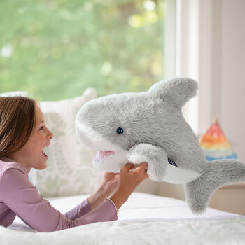 18" Oh So Soft Shark - Smiling grey and white Shark with girl in bedroom scene