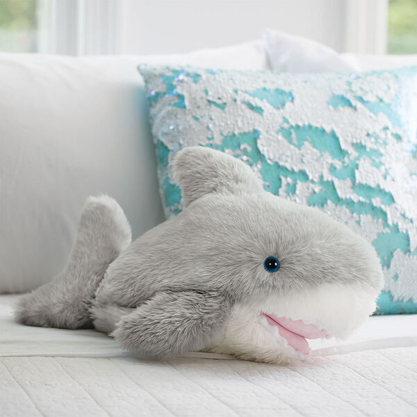 18" Oh So Soft Shark - Smiling grey and white Shark with soft teeth and pink tongue in bedroom scene