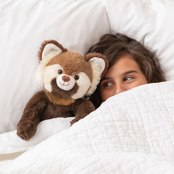 15" Buddy Red Panda - Seated front view of red and brown panda with child model in bedroom scene