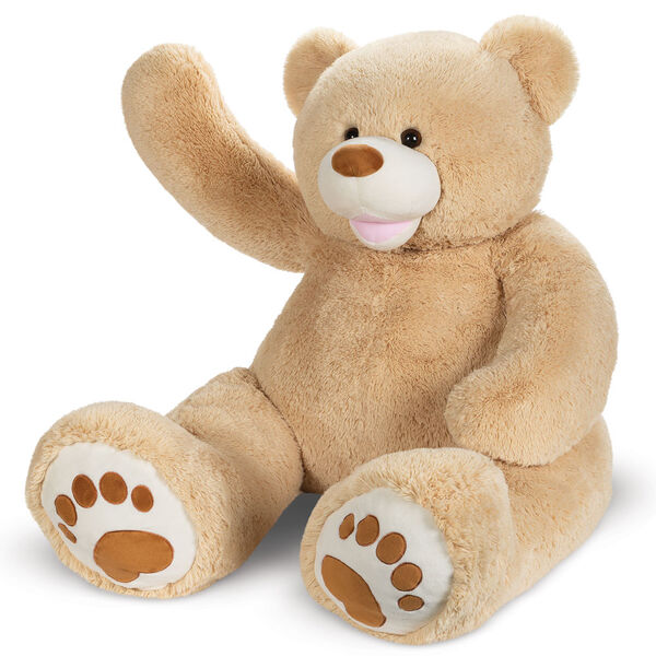 4' Bubba The Teddy Bear - Seated front view of waving tan bear with ivory muzzle and embroidered foot pads
