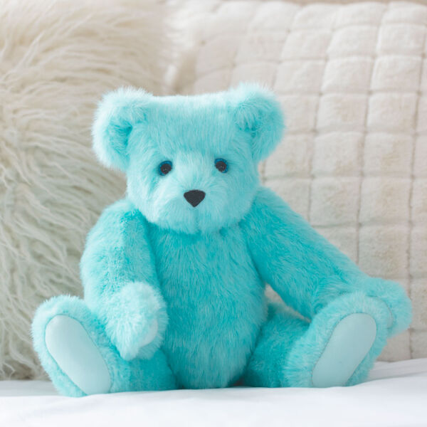 15" Blue Raspberry Lemonade Bear - Front view of jointed aqua blue bear with white paw pads presented as an Easter gift