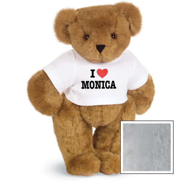15" "I HEART You" Personalized T-Shirt Bear - Standing Jointed Bear in white t-shirt that says I "Heart" your custom name in black and red lettering - Gray fur