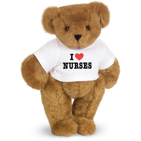15" "I HEART You" Personalized T-Shirt Bear - Standing Jointed Bear in white t-shirt that says I "Heart" your custom name in black and red lettering - Honey brown fur image number 0