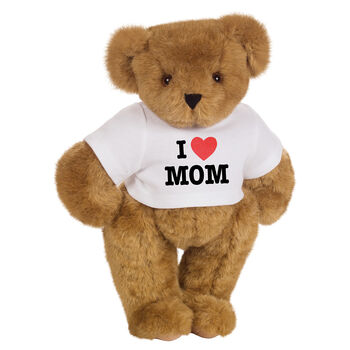 15" "I HEART You" Personalized T-Shirt Bear - Standing Jointed Bear in white t-shirt that says I "Heart" your custom name in black and red lettering - Honey brown fur