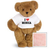 15" "I HEART You" Personalized T-Shirt Bear - Standing Jointed Bear in white t-shirt that says I "Heart" your custom name in black and red lettering - Pink fur image number 9