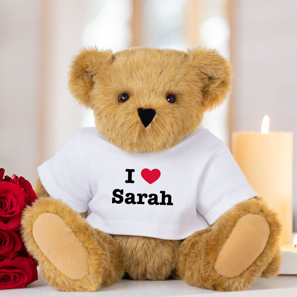 15" "I HEART You" Personalized T-Shirt Bear - Bear in white t-shirt that says I "Heart" You for a Valentine's Day gift