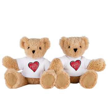 13" Little Hero Bear - Buy 1, Give 1 - Front view of 2 butterscotch light brown bears in white t-shirts with Little Hero Friend for Life Logos