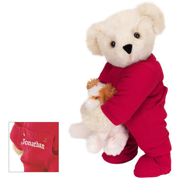 15" Christmas Bedtime Bear with Puppy - Standing jointed bear dressed in white red dropseat onesie with 6" tan puppy. Inset image shows "Jonathan" personalized on rear flap of PJ in white - Buttercream brown fur