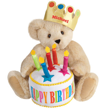 15" Happy Birthday Bear - Front view of seated jointed bear dressed in a gold crown with appliqued jewels holding a birthday cake with candles that says "Happy Birthday". Crown is personalized with "Michael" in red lettering - Buttercream brown fur