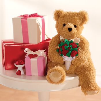 20" World's Softest Bear with Rose Bouquet - 20" seated Golden brown bear with fabric bouquet of red roses