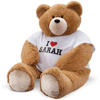 4' Big Hunka Love I HEART You T-Shirt Bear - Seated honey brown bear with white t-shirt personalized with "I Heart Sarah" in red and black graphics