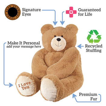 4' Big Hunka Love Bear with Congratulations Bow - Seated golden brown bear, text around the bear says, "Signature eyes; Guaranteed for life; Recycled stuffing; Premium fur; Make it personal - add your message here"