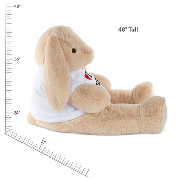 4' I HEART You T-Shirt Cuddle Bunny- Side view of ivory rabbit wearing white t-shirt with "I Heart Sarah" with measurement of 48" Tall