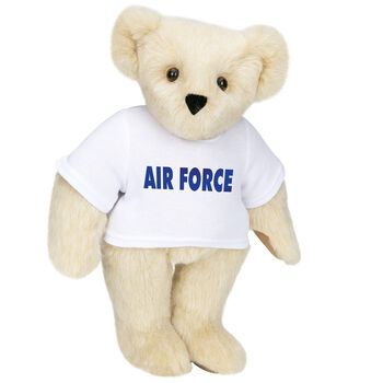 15" Air Force T-Shirt Bear - Standing jointed bear dressed in a white t-shirt says, "AIR FORCE" in royal blue lettering on the front of the shirt - Buttercream brown fur