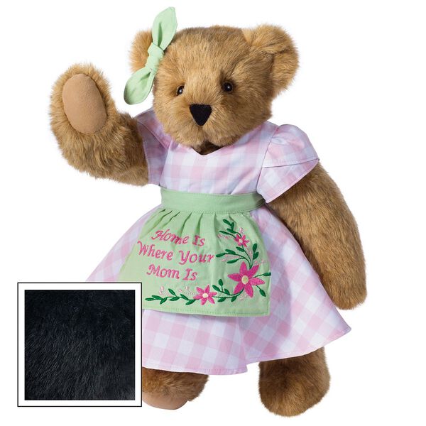 15" Home Is Where Your Mom Is Bear - Front view of standing jointed bear wearing a pink gingham dress, green bow and apron with floral embroidery and says "Home is Where Your Mom Is" - Black fur