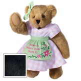 15" Home Is Where Your Mom Is Bear - Front view of standing jointed bear wearing a pink gingham dress, green bow and apron with floral embroidery and says "Home is Where Your Mom Is" - Black fur image number 5