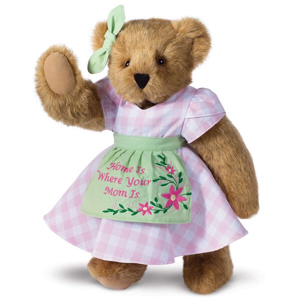 15" Home Is Where Your Mom Is Bear - Front view of standing jointed bear wearing a pink gingham dress, green bow and apron with floral embroidery and says "Home is Where Your Mom Is" - Honey brown fur