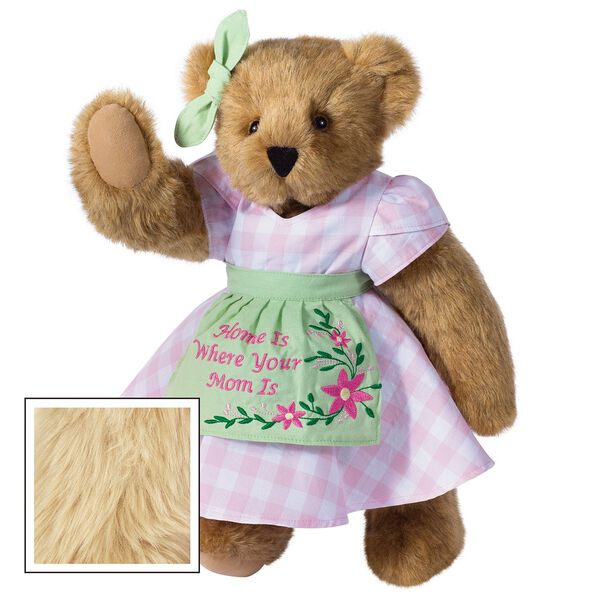 15" Home Is Where Your Mom Is Bear - Front view of standing jointed bear wearing a pink gingham dress, green bow and apron with floral embroidery and says "Home is Where Your Mom Is" - Maple brown fur image number 7