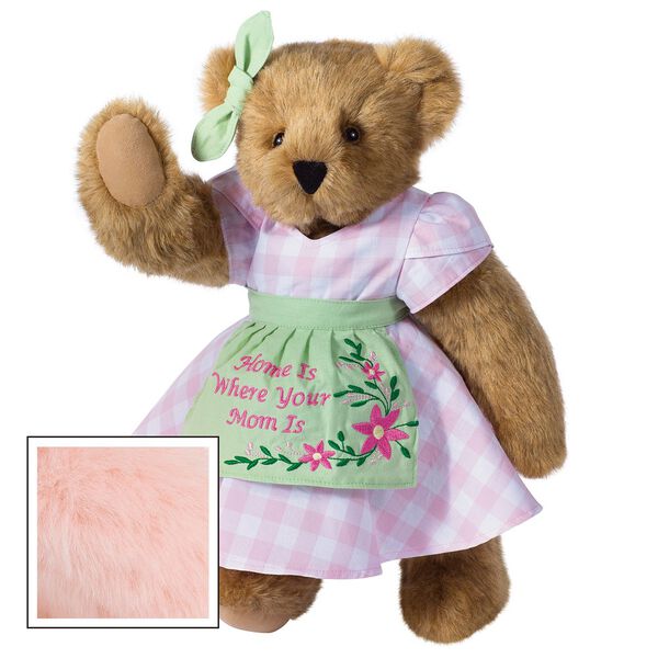 15" Home Is Where Your Mom Is Bear - Front view of standing jointed bear wearing a pink gingham dress, green bow and apron with floral embroidery and says "Home is Where Your Mom Is" - Pink fur