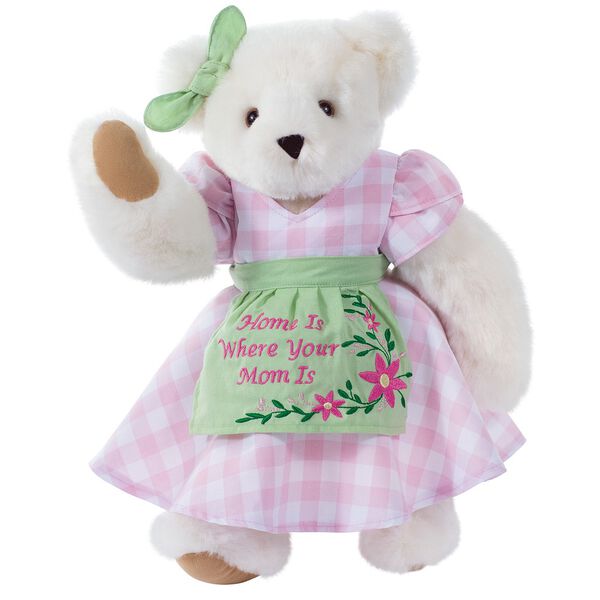 15" Home Is Where Your Mom Is Bear - Front view of standing jointed bear wearing a pink gingham dress, green bow and apron with floral embroidery and says "Home is Where Your Mom Is" - Vanilla white fur image number 4