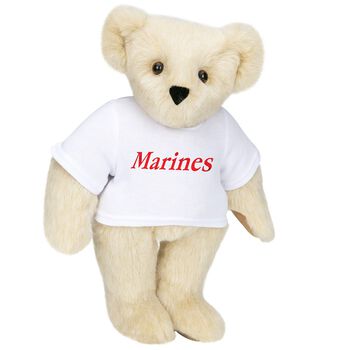 15" Marines T-Shirt Bear - Front view of standing jointed bear dressed in white t-shirt with red graphic that says, "Marines" - Buttercream brown fur