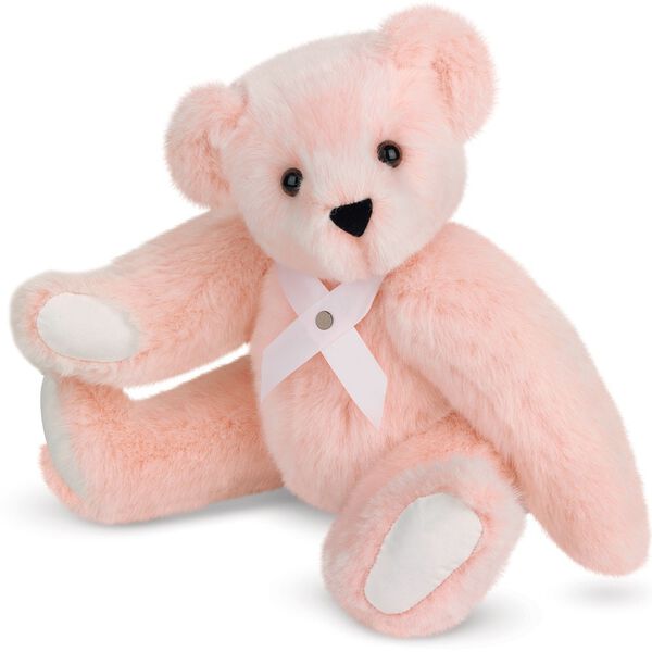 15" Hope - Our Breast Cancer Awareness Bear - Three quarter view of seated jointed bear wearing in pink ribbon around neck with silver pin - Pink fur image number 0