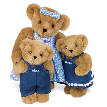 15" Mother Bear - Standing jointed bear dressed in blue floral dress and hair bow personalized with "Beth" in purple on bodice of dress, with 2 11" cubs dressed in denim overalls and dress - Honey brown fur