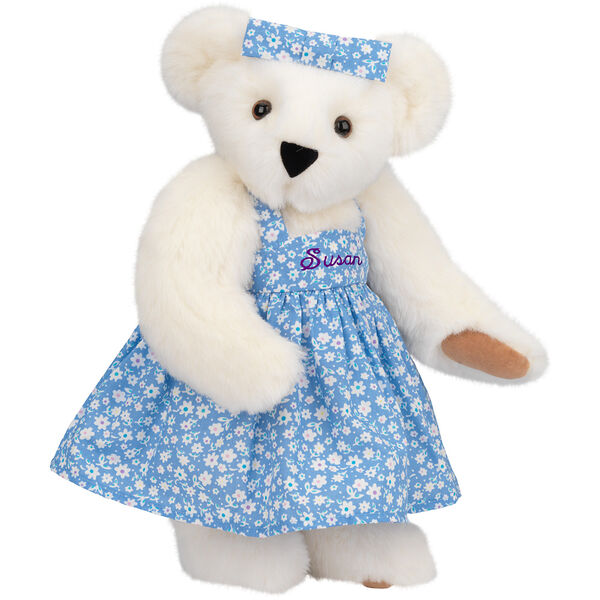 15" Mother Bear - Three quarter view of standing jointed bear dressed in blue floral dress and hair bow personalized with "Susan" in purple on bodice of dress - Vanilla white fur image number 3
