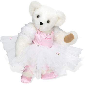 15" Ballerina Bear - Standing jointed bear dressed in pink satin and tulle dress and ballet slippers. Center front of dress is personalized with "Hannah" in bright pink lettering - Vanilla white fur
