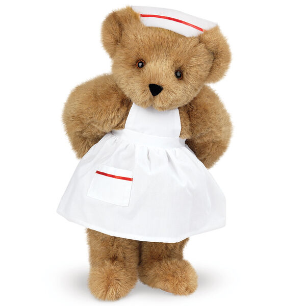 15" Nurse Bear - Front view of standing jointed bear dressed in white nurse's dress and hat with red trim  - Honey brown fur