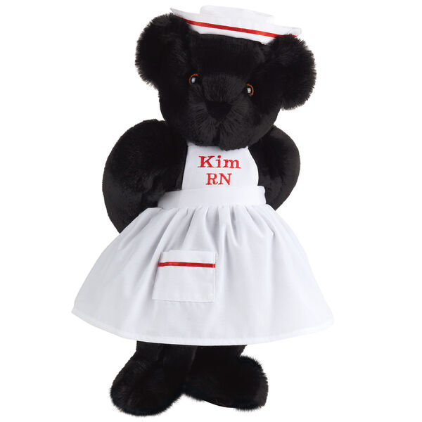 15" Nurse Bear - Front view of standing jointed bear dressed in white nurse's dress and hat with red trim perosnlized with "Kim RN" on bib of dress in red - Black fur image number 3