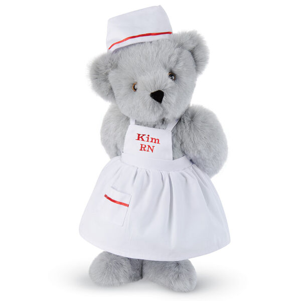 15" Nurse Bear - Front view of standing jointed bear dressed in white nurse's dress and hat with red trim perosnlized with "Kim RN" on bib of dress in red - Gray fur image number 4