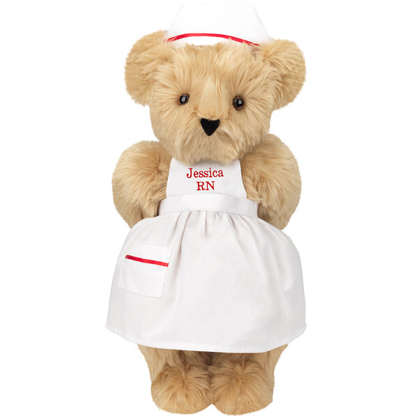 15" Nurse Bear - Front view of standing jointed bear dressed in white nurse's dress and hat with red trim perosnlized with "Kim RN" on bib of dress in red - Maple brown fur