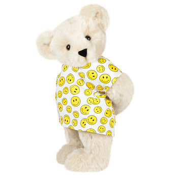 15" Get Well Bear - Three quarter view of standing jointed bear dressed in a white johnny with yellow happy faces - Buttercream brown fur