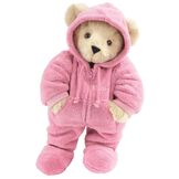 15" Hoodie Footie Bear - Front view of standing jointed bear dressed in pink hoodie footie personalized with "Emily" in white on left chest - Buttercream brown fur image number 3