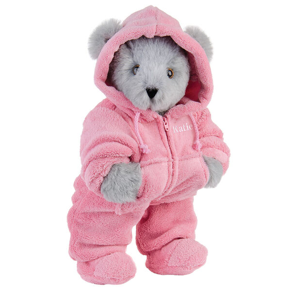 15" Hoodie Footie Bear - Front view of standing jointed bear dressed in pink hoodie footie personalized with "Emily" in white on left chest - Gray fur